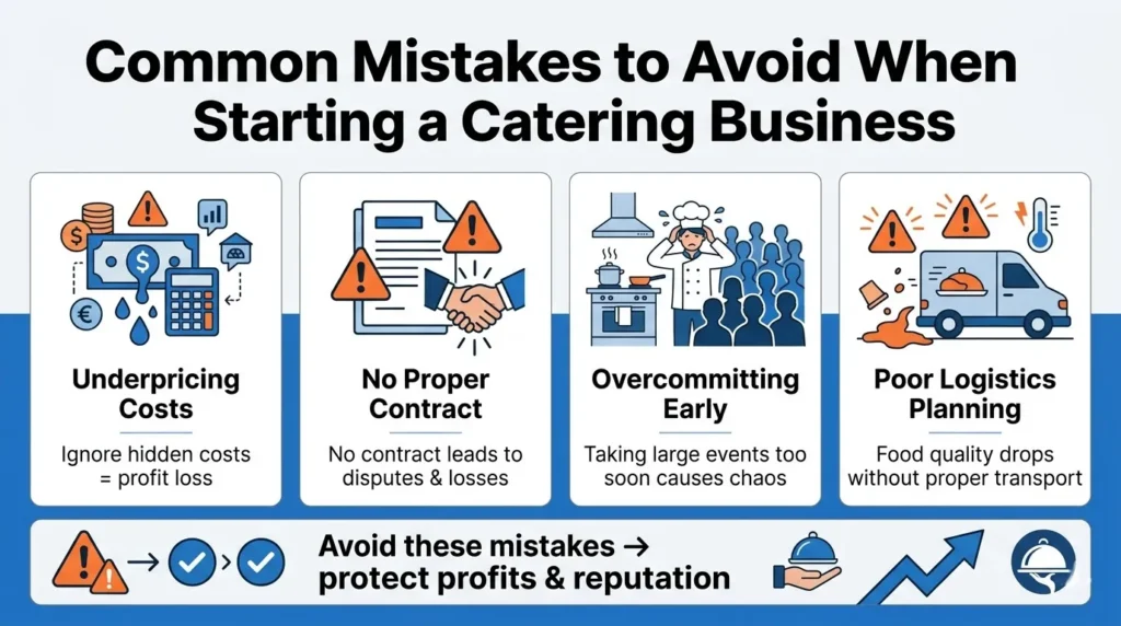 Infographic outlining catering startup mistakes: underpricing, missing contracts, early overcommitment, and weak logistics, showing risks to profitability, service quality, operations, and overall business reputation.