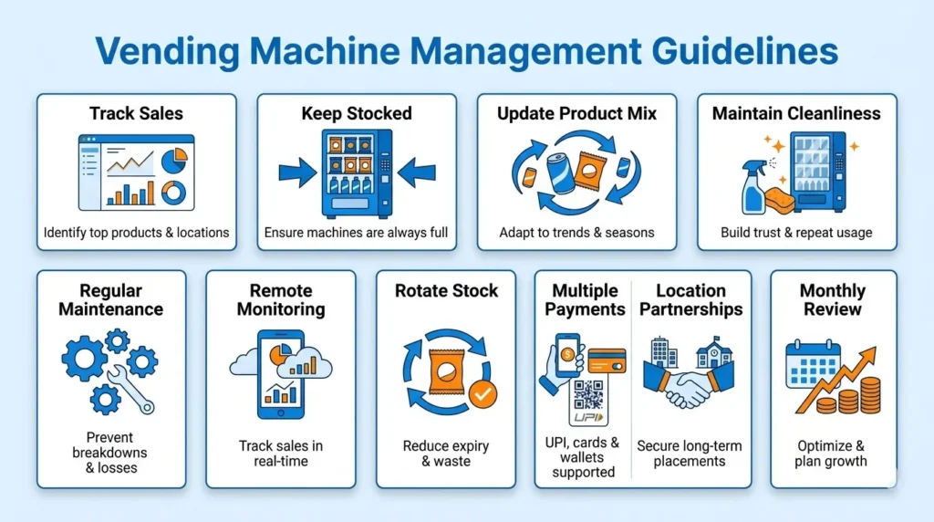 vending machine management tips like tracking sales, restocking, updating products, maintenance, remote monitoring, multiple payments, and growth planning.