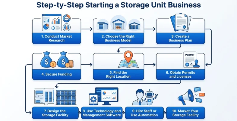 step-by-step guide to starting a storage unit business including market research, choosing a business model, creating a plan, securing funding, location selection, permits, design, technology, hiring, and marketing.