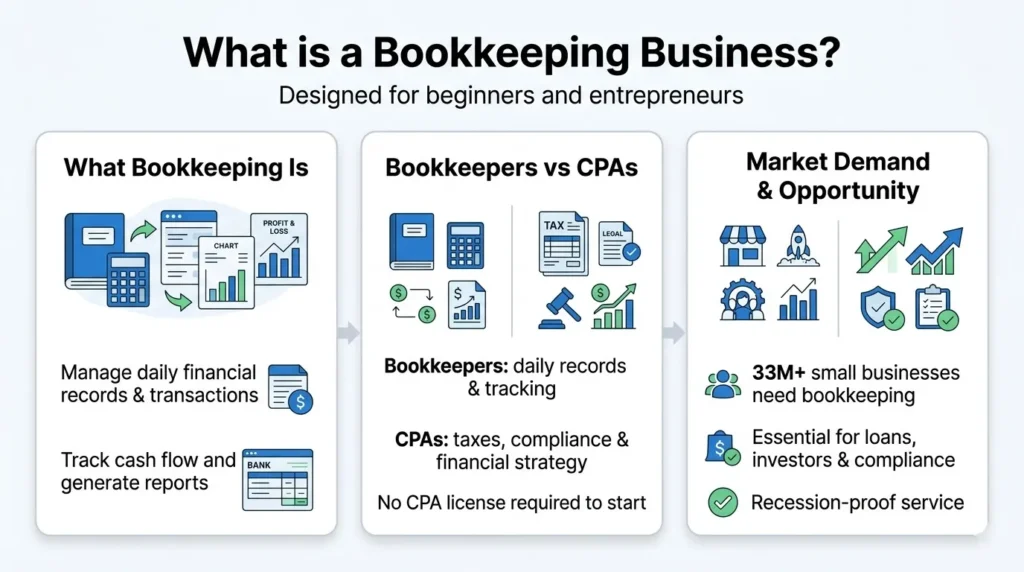 Infographic explaining bookkeeping business basics, comparing bookkeepers and CPAs, and highlighting market demand, financial record management, cash flow tracking, and opportunities for small businesses.