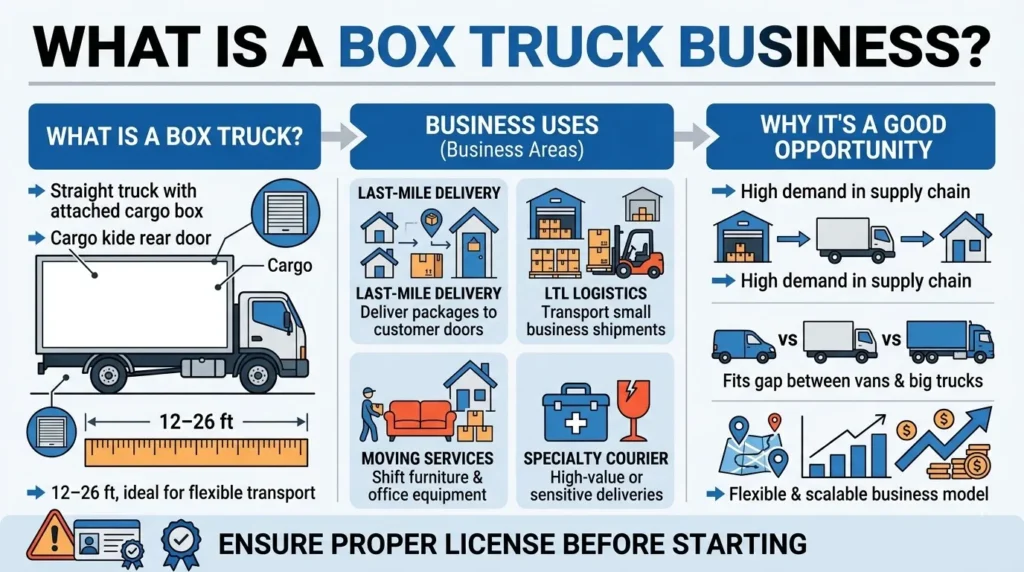 Infographic explaining box truck business, showing truck structure, cargo size, business uses like delivery, logistics, moving services, and benefits such as high demand and scalability.