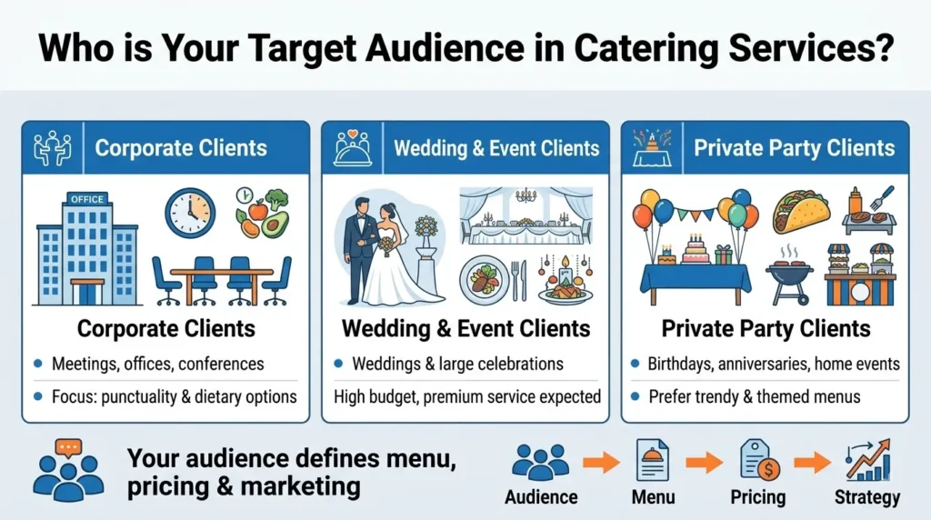 Infographic showing catering target audiences: corporate clients, wedding and event clients, and private party clients, highlighting needs, preferences, and impact on menu, pricing, and strategy decisions.