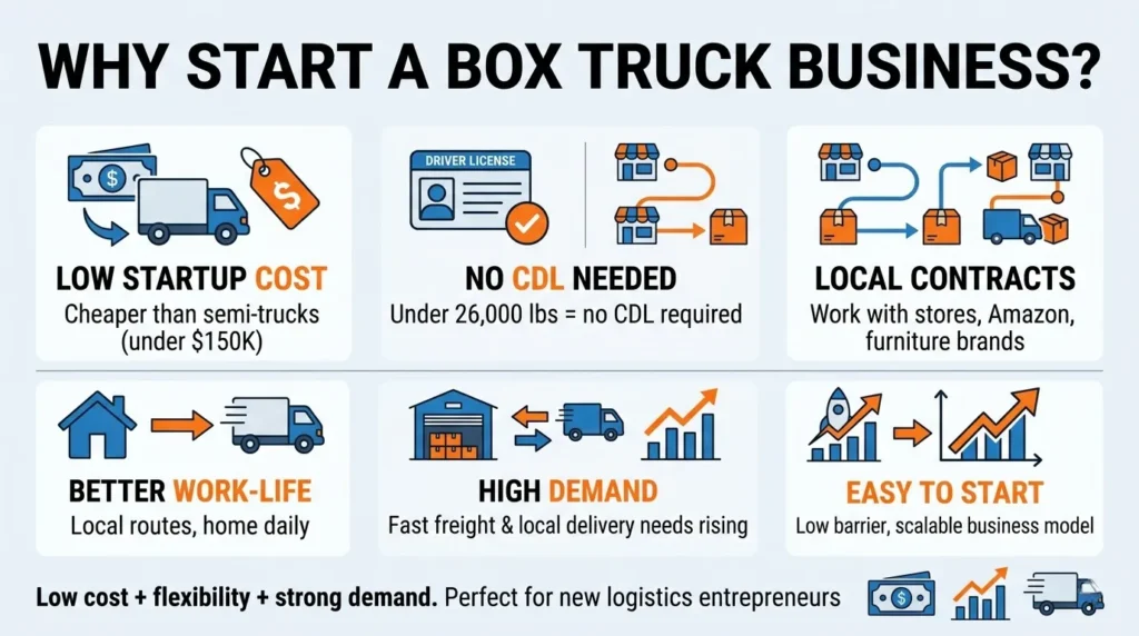 Infographic highlighting benefits of starting a box truck business, including low startup cost, no CDL requirement, local contracts, better work-life balance, high demand, and easy scalability.